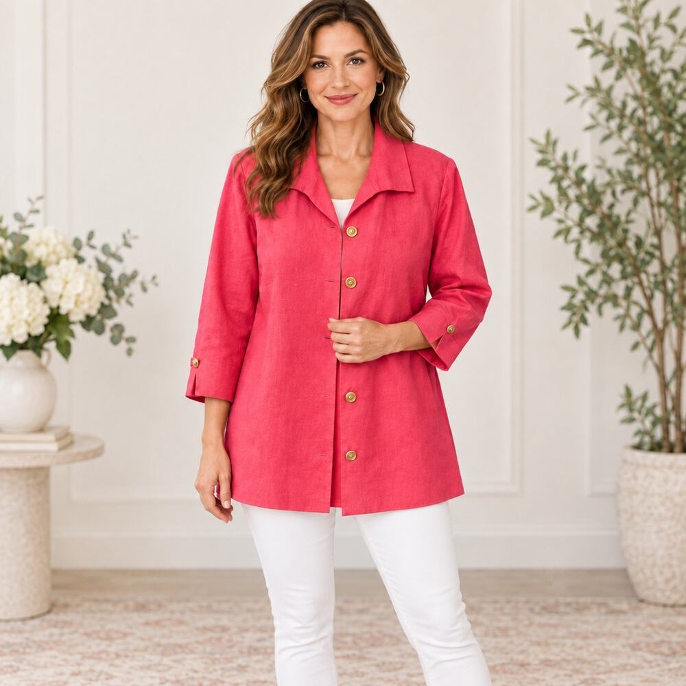 Coldwater Creek P12 M 100% Linen Jacket Coral Pink 3/4 Sleeve Button Front NWOT